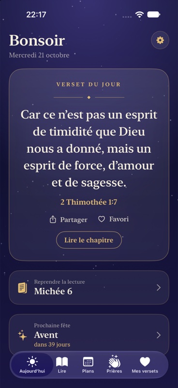 Astra Bible : écran Aujourd'hui avec le verset du jour